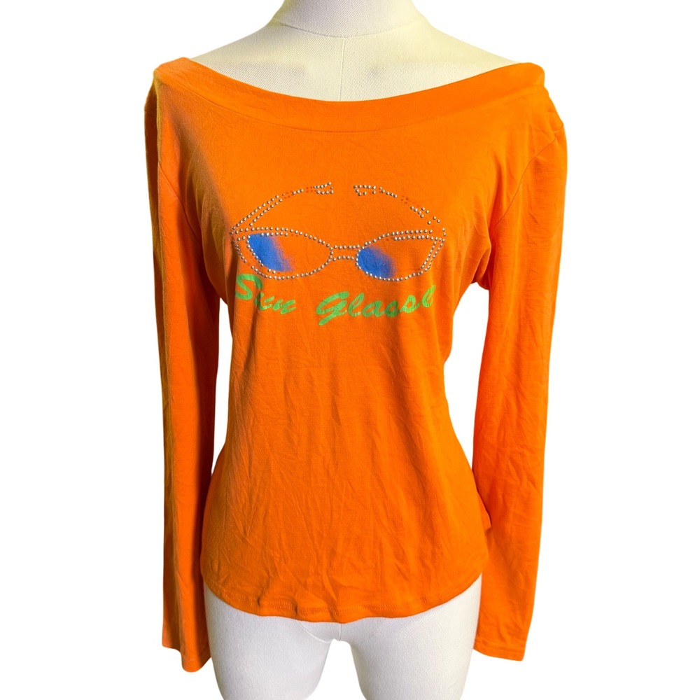 Swallow Graphic Top Women XL/XXL Orange Good Rhinestone Sunglasses Off Shoulder